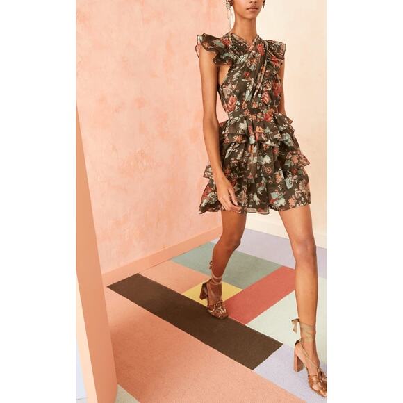 Ulla Johnson Sarafina Silk Blend Floral Print Ruffle Mini Dress in Fern Size 0 - Picture 1 of 9